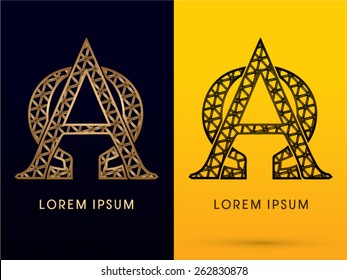 Alpha and Omega ,Luxury font, designed using gold and black triangle geometric shape. on dark and yellow  background, sign ,logo, symbol, icon, graphic, vector.
