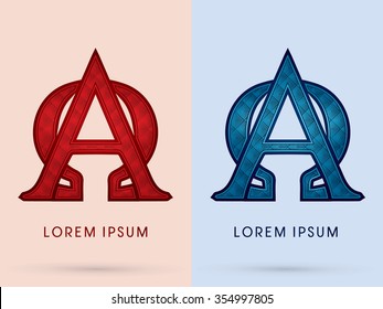 Alpha and Omega Luxury Font designed using read and blue, hot and cool tone, geometric pattern graphic vector.