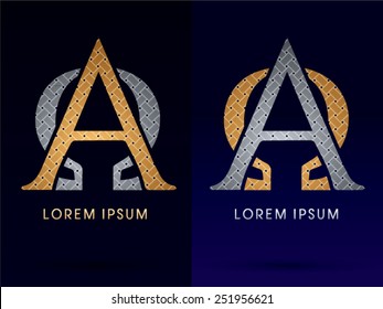 Alpha and Omega,Luxury font , designed using gold and silver line geometric shape on dark background,idea from wicker,basket ,woven, ribbons,jewelry,diamond ,rope, logo, symbol, icon, graphic, vector.