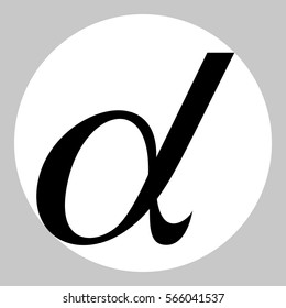 Alpha sign vector illustration. Black icon in white circle at gray background. 