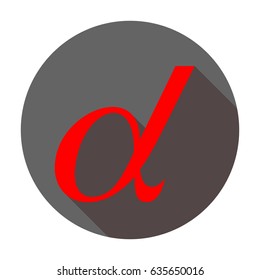 Alpha sign vector illustration. Vector. Red icon with reddish shadow on dark gray circle at white background. Isolated.