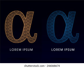 Alpha Sign,Luxury font ,designed using gold and blue line, concept shape from water, river, sea, ocean, fish scale, logo, symbol, icon, graphic, vector.