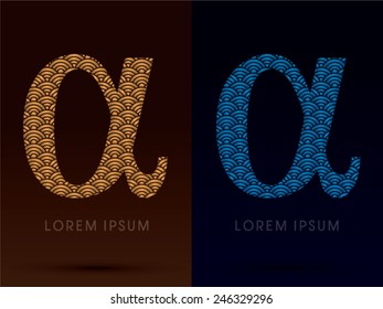 Alpha sign,Luxury font ,designed using gold and blue bold  line, concept shape from water, river, sea, ocean, fish scale, logo, symbol, icon, graphic, vector.