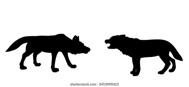 Alpha wolf fight against opponent vector silhouette illustration isolated on white background. Beast battle for mating with female or food. Shape male wolf VS dog fight, shepherd shadow protect sheep.
