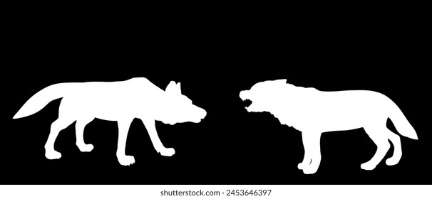 Alpha wolf fight against opponent vector silhouette illustration isolated on black background. Beast battle for mating with female. Shape male wolf VS dog fight, shepherd shadow protect sheep.