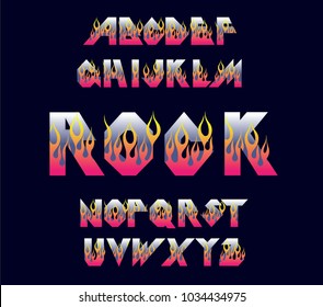 Alphabet 80's retro font. Fire flame burning fonts.Vector typography for flyers, posters. Fiery Effect shiny letters. 80s metallic style,vintage.Retro Rock Font Alphabet.3d logo set elements design