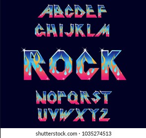 Alphabet 80's retro font. Fire flame burning fonts. Vector typography for flyers, posters. Fiery Effect shiny letters. 80s metallic style, vintage.Retro Rock Font Alphabet. 3d logo set elements design