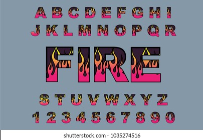 Alphabet 80's retro font. Fire flame burning fonts. Vector typography for flyers, posters. Fiery Effect shiny letters. 80s metallic style, vintage.Retro Rock Font Alphabet. 3d logo set elements design