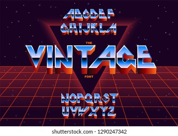 Alphabet 80's retro font. Vector typography for flyers, posters. Iron Effect shiny letters. 80s metallic style,vintage metal. Retro Futurism Sci-Fi Font Alphabet Vector. 3d logo set elements design