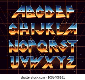 Alphabet 80's retro font.Vector typography for flyers, posters. Iron Effect shiny letters. 80s metallic style,vintage metal.Retro Futurism Sci-Fi Font Alphabet Vector.3d logo set elements design