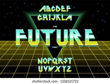 Alphabet 80's retro font.Vector typography for flyers, posters. Iron Effect shiny letters. 80s metallic style,vintage metal.Retro Futurism Sci-Fi Font Alphabet Vector.3d logo set elements design