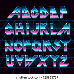 Alphabet 80's Retro Font.Vector Typography For Flyers,headlines, Posters.Effect Shiny Letters. 80s Neon Style,vintage Dance Night.Retro Futurism Sci-Fi Font Alphabet Vector.3d Logo Set Elements Design