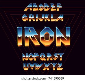 Alphabet 80's retro font.Vector typography for flyers, posters. Iron Effect shiny letters. 80s metallic style,vintage metal.Retro Futurism Sci-Fi Font Alphabet Vector.3d logo set elements design