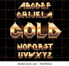 Alphabet 80's retro font.Vector typography for flyers, posters.Gold Effect shiny letters. 80s metallic style,vintage metal.Retro Futurism Sci-Fi Font Alphabet Vector.Golden 3d logo set elements design