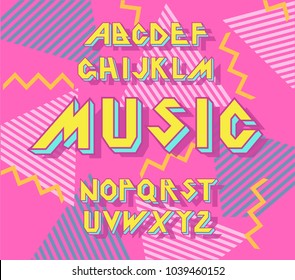 Alphabet 90's retro font.Vector typography for flyers,headlines, posters.Effect shiny letters. 80s neon style,vintage dance night.Retro Font Alphabet Vector. 3d logo set elements design