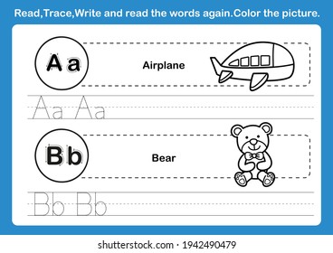 Alphabet A-B exercise with cartoon vocabulary for coloring book illustration, vector