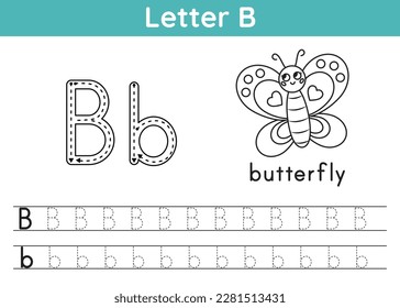 Alphabet ABC a-z exercise. Coloring page. Trace letter B. Vocabulary for coloring book. Cute cartoon butterfly. Printable activity worksheet. Vector illustration