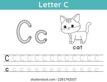 Alphabet ABC a-z exercise. Coloring page. Trace letter C. Vocabulary for coloring book. Cute kawaii cat. Printable activity worksheet. Educational game. Learn English. Vector illustration