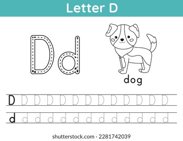 Alphabet ABC a-z exercise. Coloring page. Trace letter D. Vocabulary for coloring book. Cute kawaii dog. Printable activity worksheet. Educational game. Vector illustration