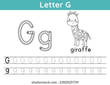 Alphabet ABC a-z exercise. Coloring page. Trace letter G. English vocabulary. Coloring book for kids. Cute kawaii giraffe. Printable activity worksheet. Educational game. Vector illustration