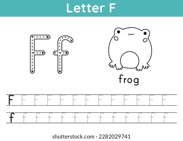 Alphabet ABC a-z exercise. Coloring page. Trace letter F. English vocabulary. Coloring book. Cute kawaii frog. Printable activity worksheet. Educational game. Vector illustration