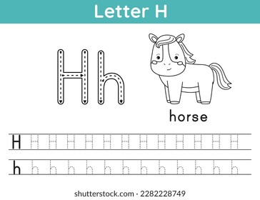 Alphabet ABC, a-z exercise. Coloring page. Trace letter H. Vocabulary for coloring book. Cute kawaii horse. Printable activity worksheet for kids. Educational game. Vector illustration svg