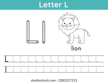 Alphabet ABC, a-z exercise. Coloring page. Trace letter L. Vocabulary for coloring book. Cute kawaii lion. Printable activity worksheet. Educational game. Vector illustration svg