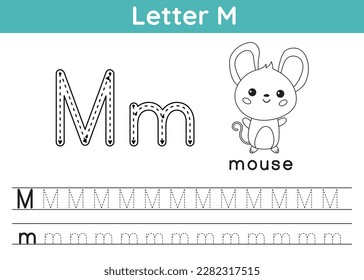 Alphabet ABC, a-z exercise. Coloring page. Trace letter M. Vocabulary for coloring book. Cute kawaii mouse. Printable activity worksheet for kids. Educational game. Vector illustration