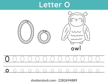 Alphabet ABC, a-z exercise. Coloring page. Trace letter O. Vocabulary for coloring book. Cute cartoon owl. Printable activity worksheet. Educational game. Vector illustration