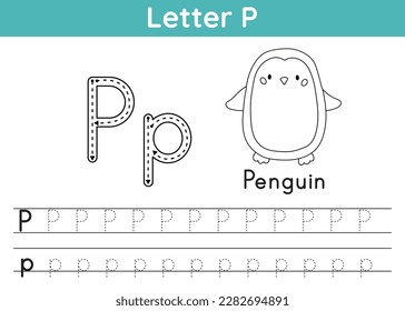 Alphabet ABC, a-z exercise. Coloring page. Trace letter P. Vocabulary for coloring book. Cute cartoon penguin. Printable activity worksheet for kids. Educational game. Vector illustration