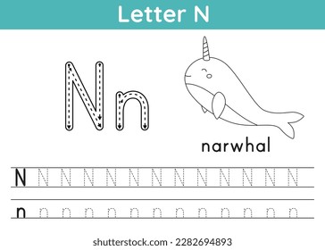 Alphabet ABC, a-z exercise. Coloring page. Trace letter N. Vocabulary for coloring book. Cute cartoon narwhal. Printable activity worksheet for children. Educational game. Vector illustration