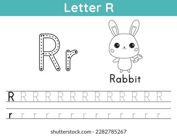 Alphabet ABC, a-z exercise. Coloring page. Trace letter R. Vocabulary for coloring book. Cute kawaii rabbit with carrot. Printable activity worksheet. Educational game. Vector illustration