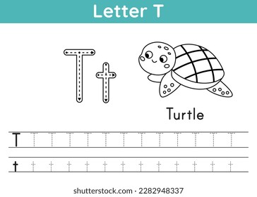 Alphabet ABC, a-z exercise. Coloring page. Trace letter T. Vocabulary for coloring book. Cute kawaii turtle. Printable activity worksheet. Educational game for children. Vector illustration