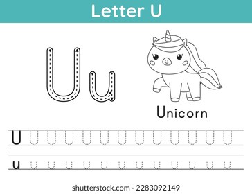 Alphabet ABC, ejercicio a-z. Colorido de la página. Letra de seguimiento U. Vocabulario para el libro de colorear. Cute kawaii unicorn. Hoja de trabajo de actividad imprimible para niños. Juego educativo. Ilustración del vector