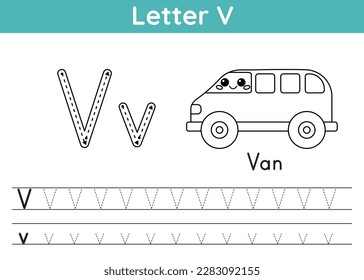 Alphabet ABC, a-z exercise. Coloring page. Trace letter V. Vocabulary for coloring book. Cute kawaii van. Printable activity worksheet. Educational game. Vector illustration