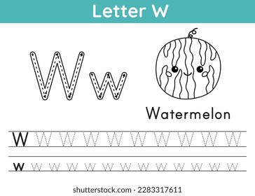 Alphabet ABC, a-z exercise. Coloring page. Trace letter W. Vocabulary for coloring book. Cute kawaii watermelon. Printable activity worksheet for kids. Educational game. Vector illustration