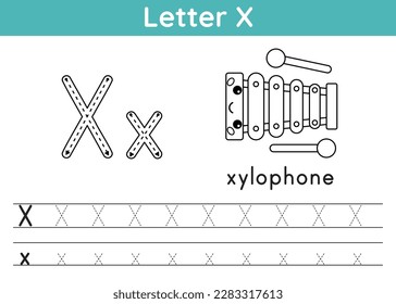 Alphabet ABC, a-z exercise. Coloring page. Trace letter X. Vocabulary for coloring book. Cute kawaii xylophone. Printable activity worksheet for children. Educational game. Vector illustration