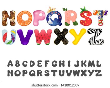 Alphabet, ABC. Decorative cartoon letters / initial letters for lettering, logos, alphabets. With the use of elements whose names begin with these letters. Vector.