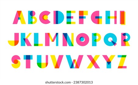 Alphabet, abc illustration, riso, risograph print effect. Big colorful layered letters set, collection. Trendy brutalist geometric font style. Grain texture. Banners, posters bright modern template