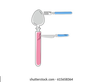 Alphabet ABC kitchen F letter with fork, knife, spoon on white background. Vector illustration.