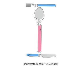 Alphabet ABC kitchen I letter with fork, knife, spoon on white background. Vector illustration.