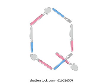 Alphabet ABC kitchen Q letter with fork, knife, spoon on white background. Vector illustration.