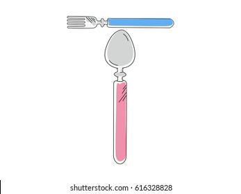 Alphabet ABC kitchen T letter with fork, spoon on white background. Vector illustration.