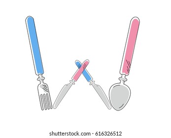 Alphabet ABC kitchen W letter with fork, knife, spoon on white background. Vector illustration.