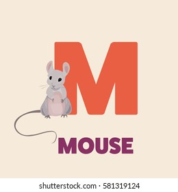 Alphabet abc letter M vector illustration with animal mouse