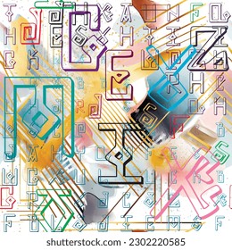 Alphabet. ABC letters on dirty abstract spotty watercolor background. Seamless pattern with runic stylelettering. Modern artistic repeat backdrop. Hand drawn painted abstract shapes, stripes, signs.