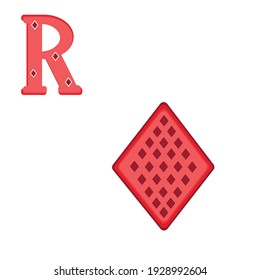 Alphabet ABC set. Letters and symbols icon. Letter R and red rhombus.