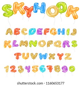 Alphabet ABC Vector Balloon Kids Alphabetical Font With Helium Color Letters And Numbers For Birthday Party Illustration Of Cartoon Alphabetic Set Isolated On White Background