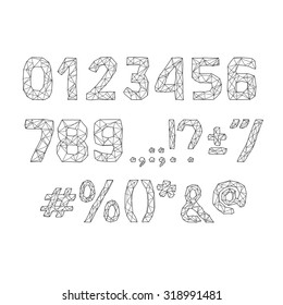 alphabet abc vector font. Type numbers, characters and punctuation marks Lowpoly Outline with triangles geometric