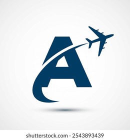 Alfabeto A com avião aéreo. Ícone Viagem. Sinal de logotipo de aviação, símbolo de voo. Ícone de voo